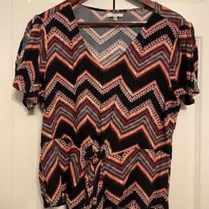 Black and Coral Geometric Blouse with front tie